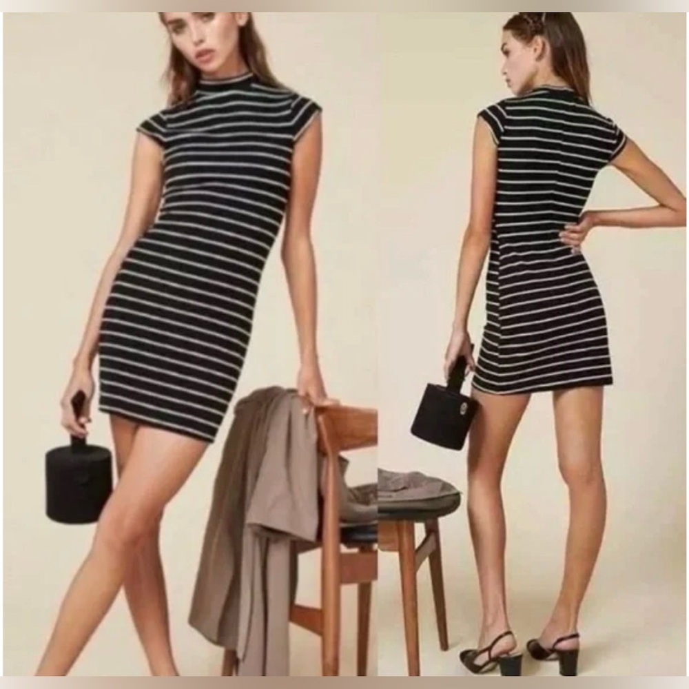 Reformation Women Edie Striped Ribbed Mock Neck Mini Dress Size S